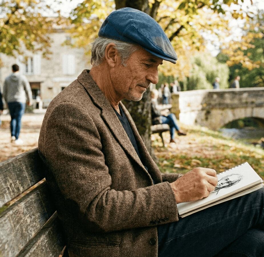 Man in a flat cap and tweed blazer sketching on a park bench